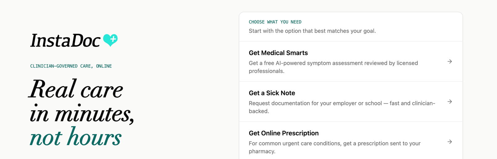 InstaDoc care-path selector: a list of routes including a free AI symptom assessment reviewed by licensed professionals, a sick note, and an online prescription.